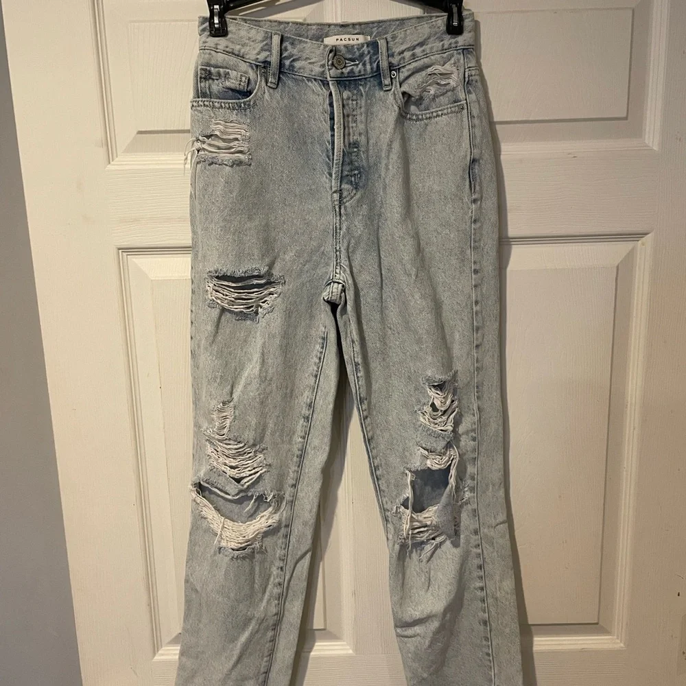 PacSun Blue High Rise Straight Jeans Vintage Distressed - Picture 1 of 6